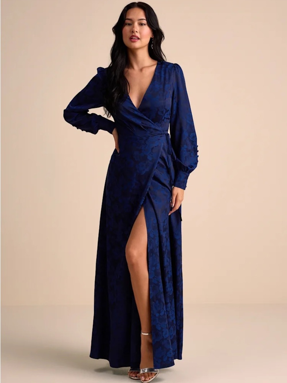 Lulu's Navy Blue Floral Wrap Maxi Dress